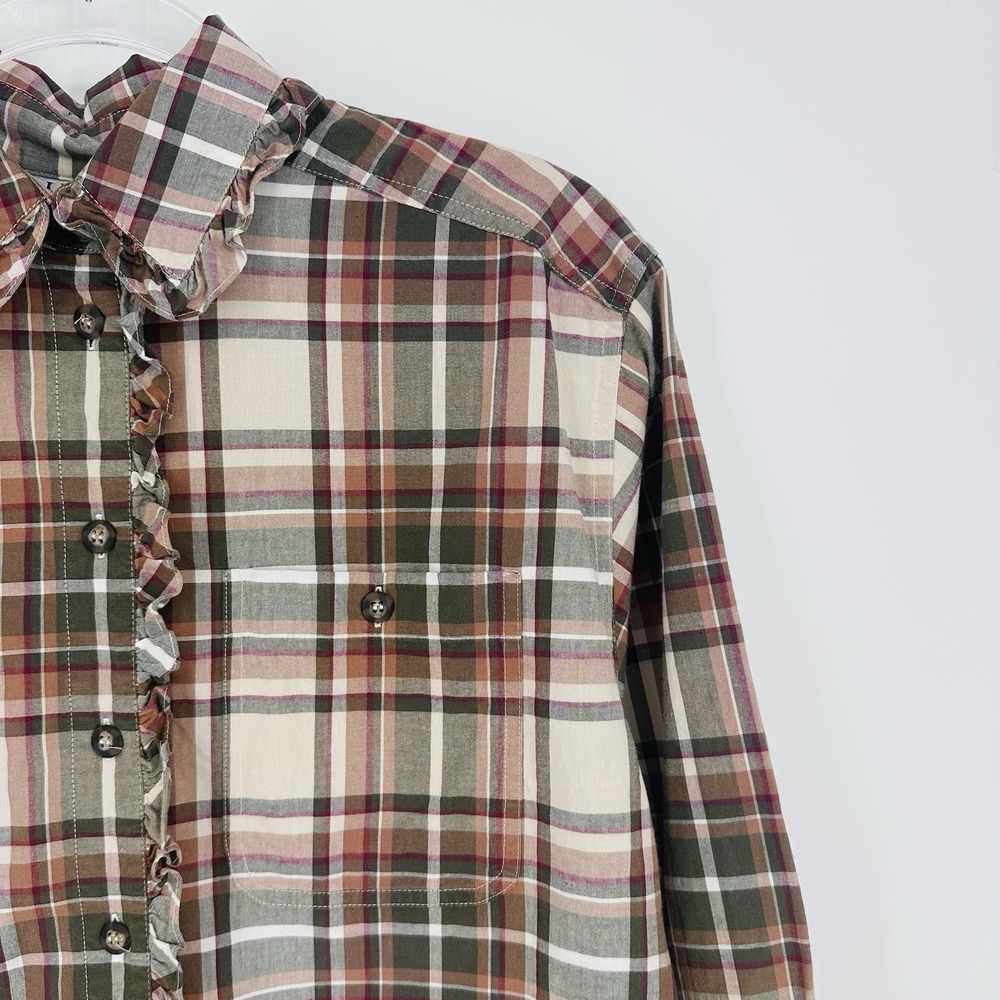 Vintage Leslie Faye Button Up Shirt Petite Small Brown Plaid Ruffled Collar Cuff